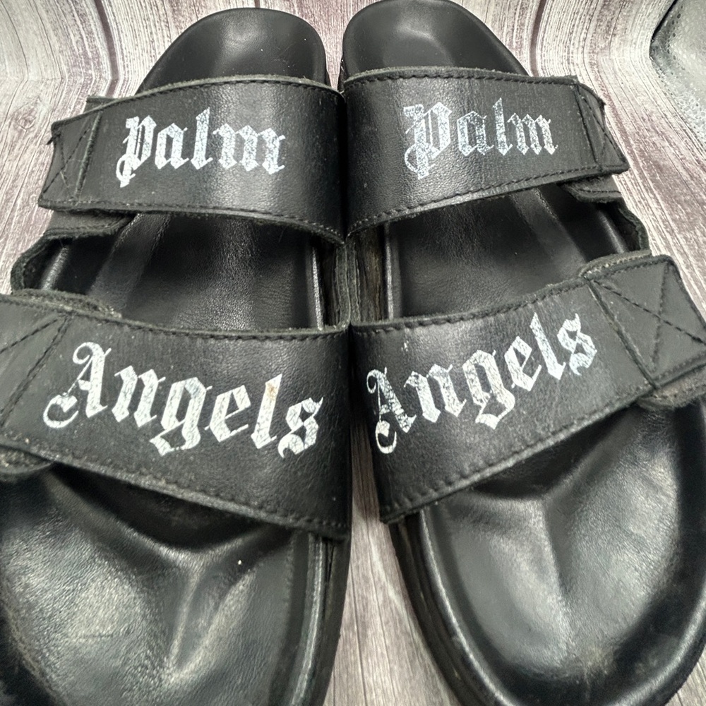 PALM ANGELS Double Strap Leather Slide Sandals Black White Logo + Box & Dust Bag - Picture 7 of 14